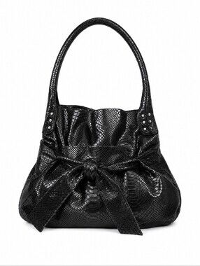 PERLINA Large Black Leather Python Snakeskin Bow Hobo Shoulder Bag